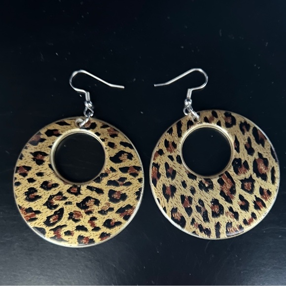 Vintage 1990s Button Stud Earrings Leopard Print Round Bronze Tan Black Design - Picture 10 of 10